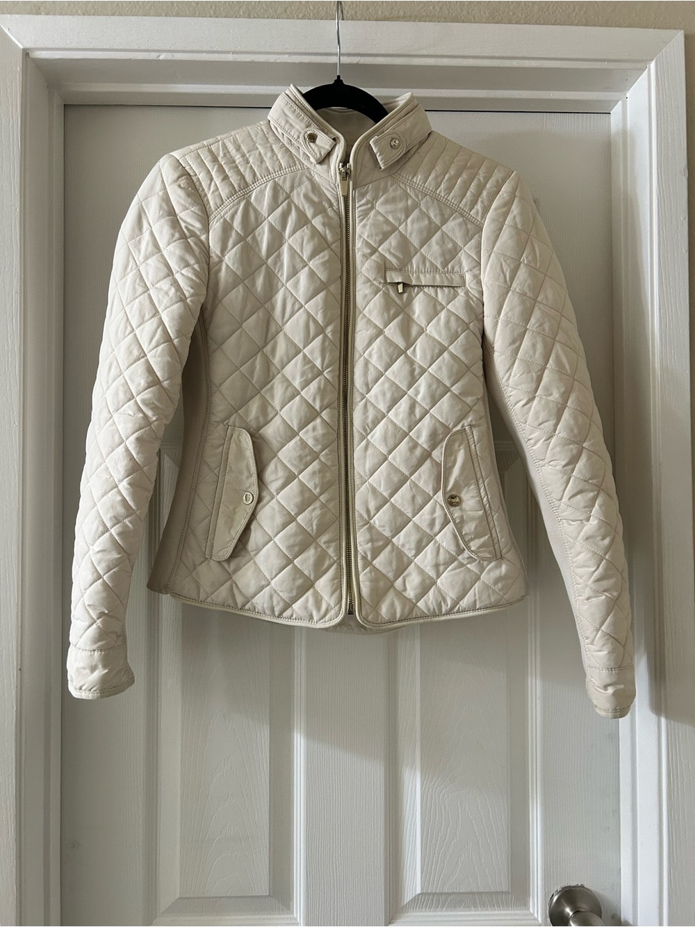 Zara Cream Quilted Diamond Puffer Jacket with Stand Collar
